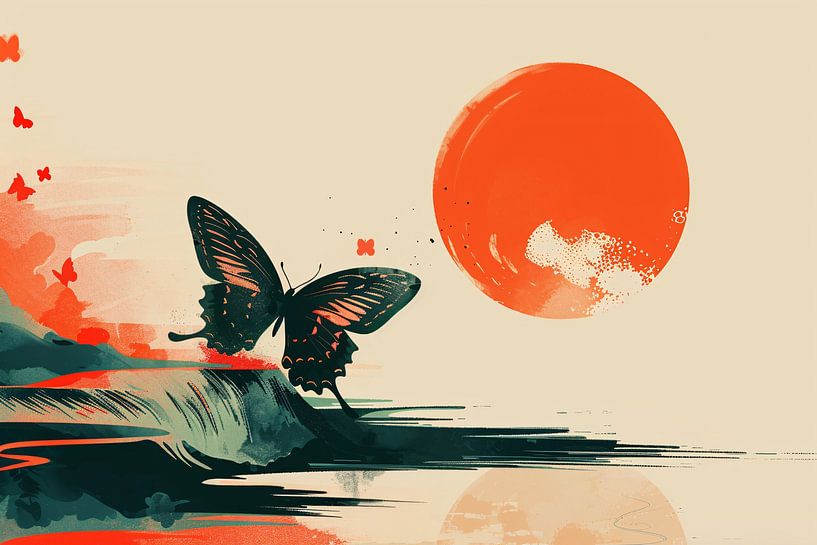 Rustende Vlinder in Oranje Zonsondergang van Art & Soul Creations