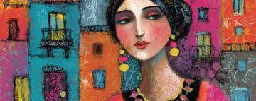 Farbenfrohe Frau vor urbanem Hintergrund von Abstraktes Gemälde