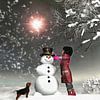Children Art - Amy and Buddy Building a snowman by Jan Keteleer
