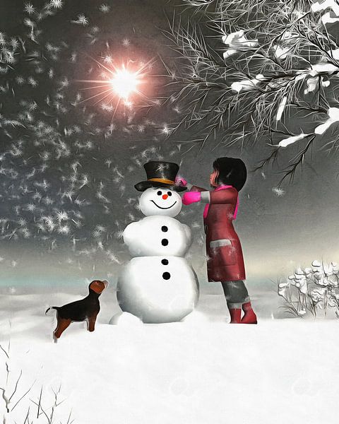 Children Art - Amy et Buddy Construisant un bonhomme de neige par Jan Keteleer