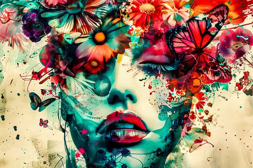 Vrouw met bloemen prent