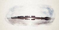 Blick auf den Sonnenstrand mit Spiegelungen und Silhouetten von Wolkenkratzern in Aquarell