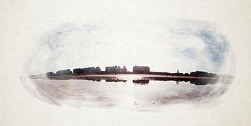 Zonnig Uitzicht op het Strand met Reflecties en Silhouetten van Wolkenkrabbers in Aquarel