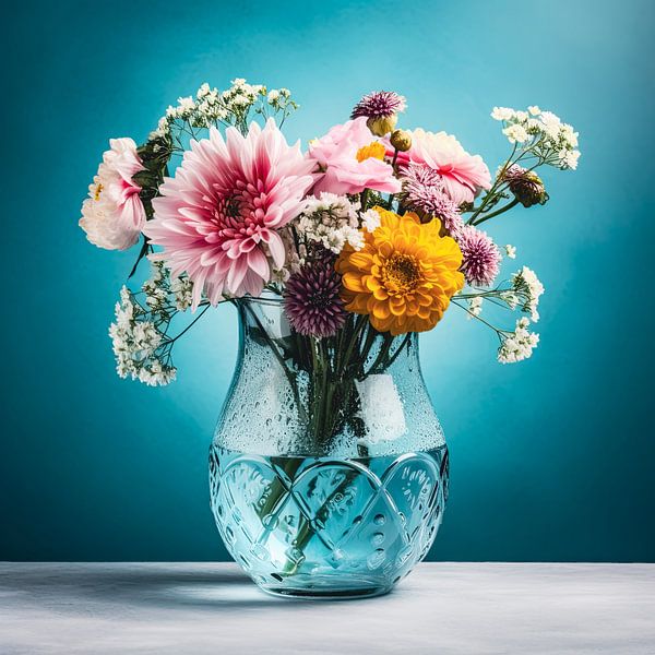 Colourful summer bouquet against blue background by Vlindertuin-Art