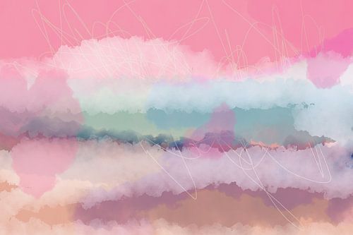 Eigentijds abstract kleurrijk landschap in roze, blauw, beige.