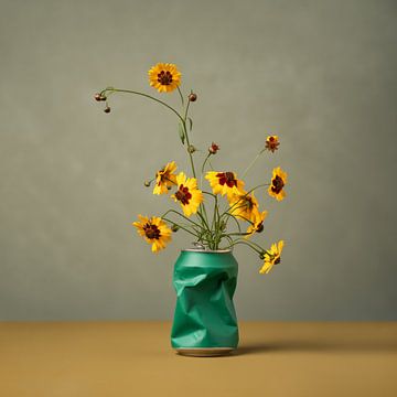 Veldbloemen - meisjesogen in groen gerecycled blikje van Mariska Vereijken