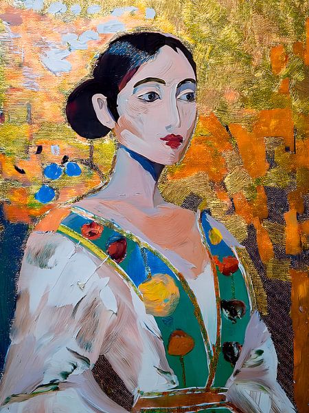 Modern portret van een klassieke vrouw op goud structuur achtergrond van Studio Pieternel