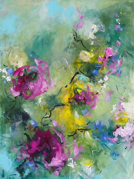 Armoedig gebed Beangstigend Wild Flowers - abstract kleurrijk schilderij met impressie van bloemen van  Qeimoy op canvas, behang en meer