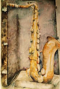 Saxophon in einem Etui. Handbemaltes Aquarell