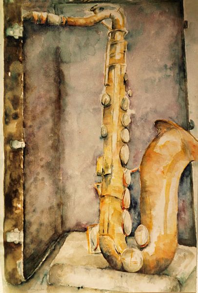 Saxofoon in een koffer. Handgeschilderde aquarel van Ineke de Rijk