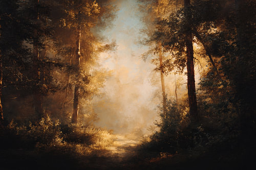 Nebelhaftes Waldschimmern in warmem Kupferlicht