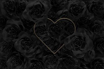 Gouden hartvorm in het midden van zwarte rozen van Besa Art