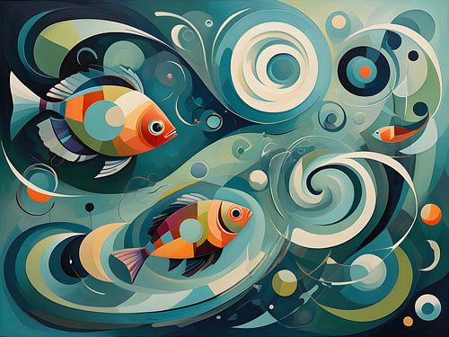Kubistische Vissen in een Abstracte Onderwaterwereld