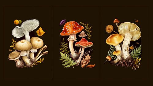 drieluik van verschillende soorten paddestoelen
