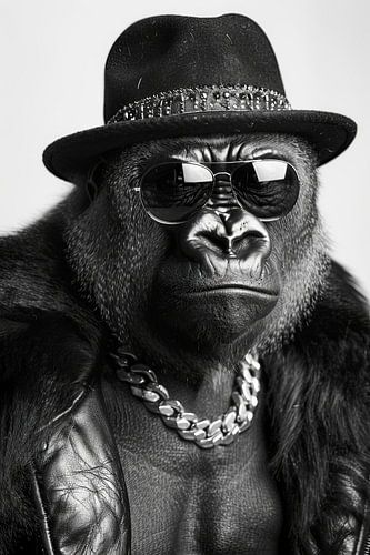 Portret van een gorilla in leren jas en zonnebril