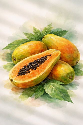 Illustration botanique à l'aquarelle représentant un fruit de papaye