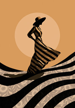 Élégante dame en robe rayée - Décoration murale moderne et minimaliste - Beige et noir