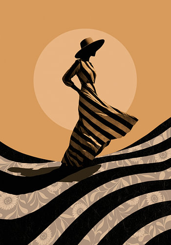 Élégante dame en robe rayée - Décoration murale moderne et minimaliste - Beige et noir