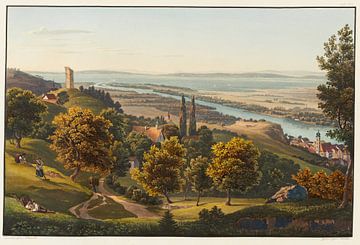 Ingang van de Rijn in het Bodenmeer met de stad en ruïnes van Rheineck, Johann Ludwig Bleuler