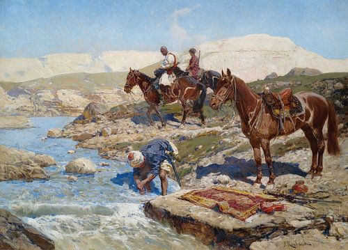 Franz Roubaud, Circassische ruiter op een rivier, ca 1900