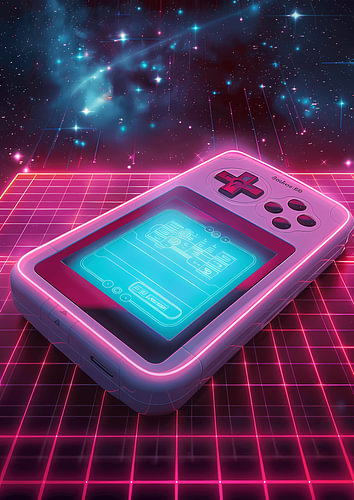Retro handheld games console in synthwave style – 80s- & s-90s neon gaming art in pink and turquoise