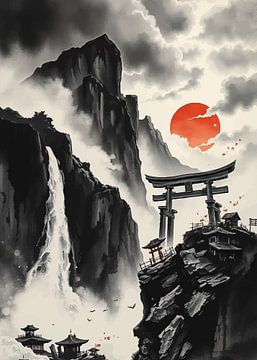 Paysage japonais avec porte Torii et cascade