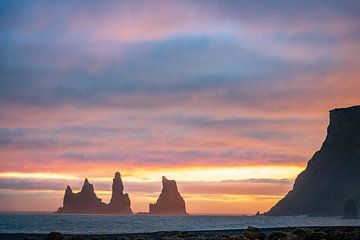 Sunset at the troll rocks of Vik in Iceland