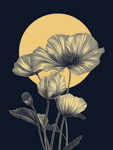 Golden poppies against dark moon backdrop