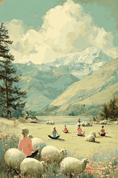Mouton Yoga - Affiche de voyage rétro Humour par BowiScapes Art Abstrait  et digital