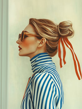 Model in gestreepte blouse en rode strik in haar