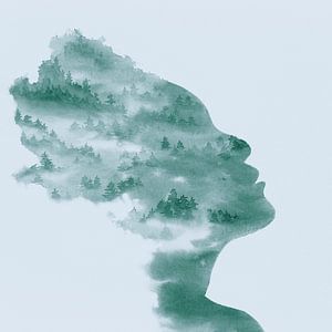 Let it go (aquarelle verte portrait femme forêt arbres silhouette visage carré abstrait)