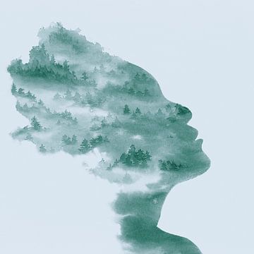 Lassen Sie es gehen (grünes Aquarell Gemälde Porträt Frau Wald Bäume Silhouette Gesicht Quadrat abst von Natalie Bruns