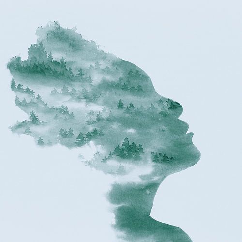 Lassen Sie es gehen (grünes Aquarell Gemälde Porträt Frau Wald Bäume Silhouette Gesicht Quadrat abst