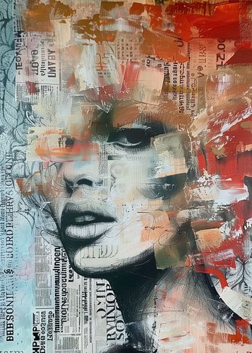 Reflet d'une femme enveloppée d'éclaboussures de peinture rouge et de texte