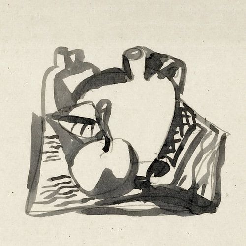 Stilleven in inkt met appel en pijp