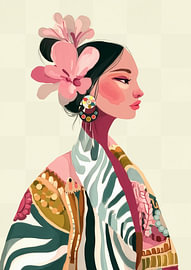 Mexicaanse Vrouw in Bloemen - Moderne Portretkunst - Kleurrijke Illustratie van PrintiSky