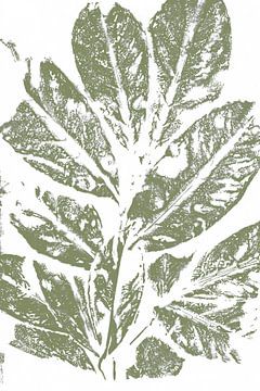 Groene bladeren in Japandi stijl. Moderne botanische kunst in pastel warm groen en wit. van Dina Dankers