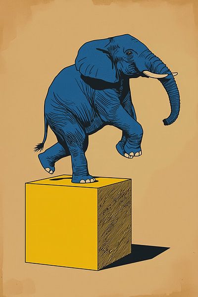 Blauer Elefant balanciert auf gelbem Würfel Illustration von Dante S