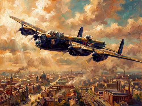 Een Lancaster-bommenwerper boven de stad