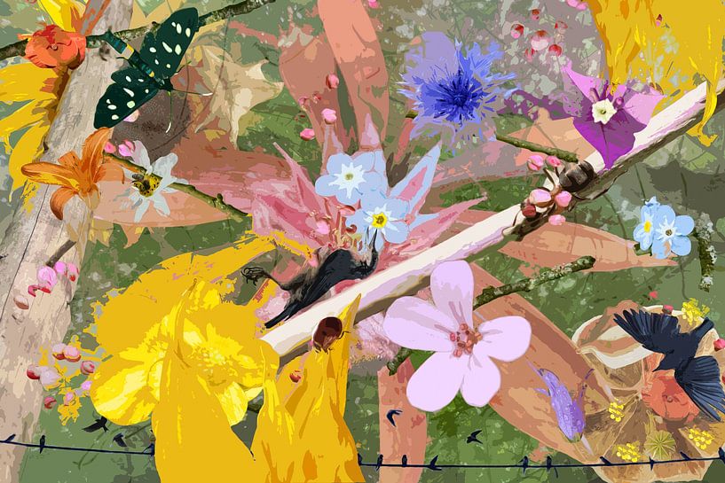 Stilleven met bloemen en dieren bij een tak van Susan Hol