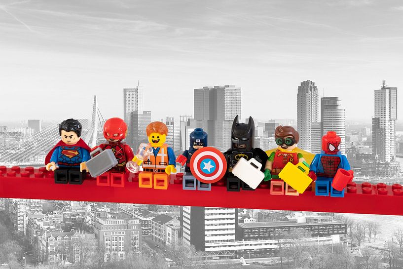 Lunch atop a skyscraper Lego edition - Super Heroes - Men - Rotterdam van Marco van den Arend