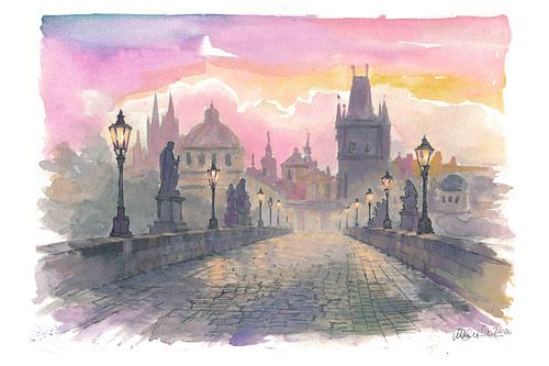 Le pont Charles à Prague le matin, avec son architecture historique et sa vue sur le fleuve