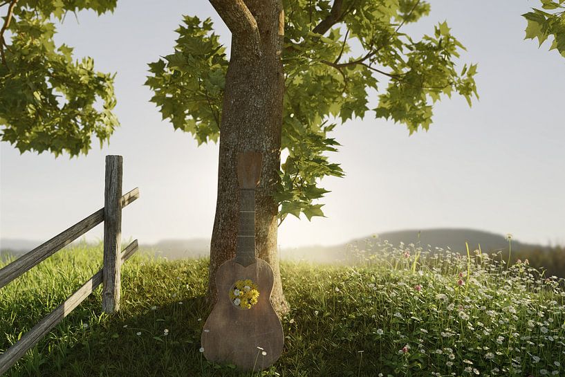 A leaning old guitar with flowers on a flower meadow by Besa Art