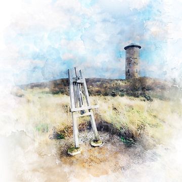 Aquarel schilderij met zicht op schildersezel en watertoren in Domburg, Zeeland van Danny de Klerk