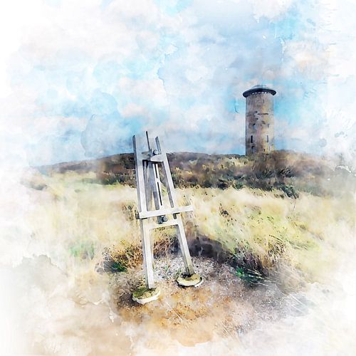 Watercolour painting with view of easel and water tower in Domburg, Zeeland by Danny de Klerk