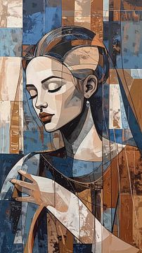 Portrait expressif d'une femme - orange, brun rougeâtre, beige et taupe - couleurs terreuses - yeux fermés