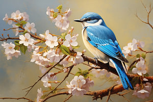 blauer Singvogel auf einem blühenden Zweig im Frühling