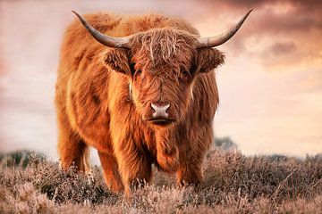Scottish Highlander by evening sun and heather by Coby Bergsma