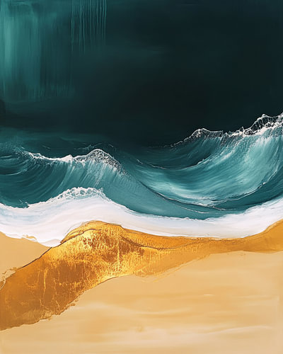 Golden coast beneath deep teal waves