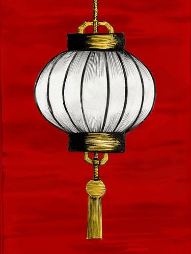 White Asian lantern against a warm red background